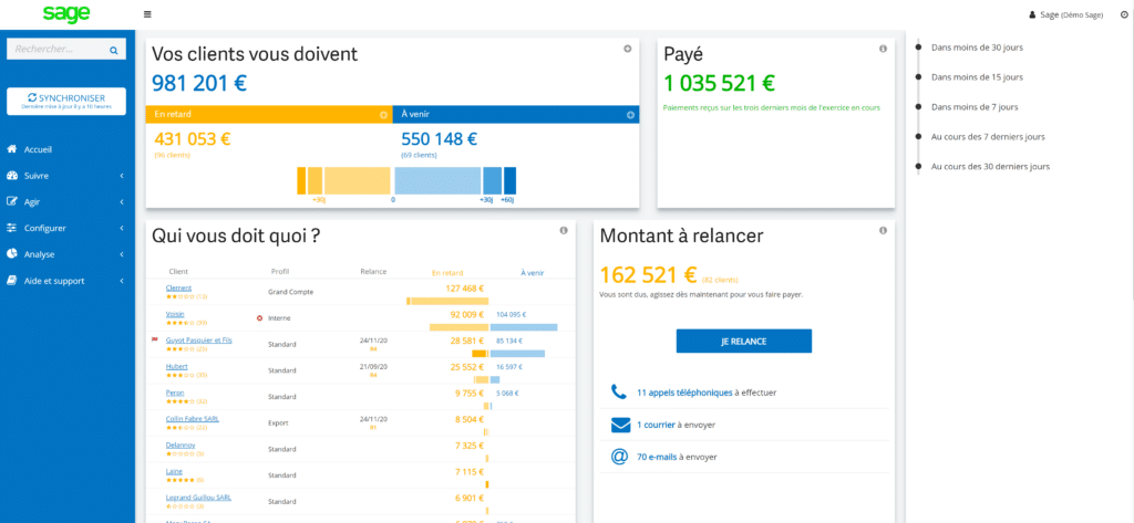 Sage recouvrement créance tableau bord